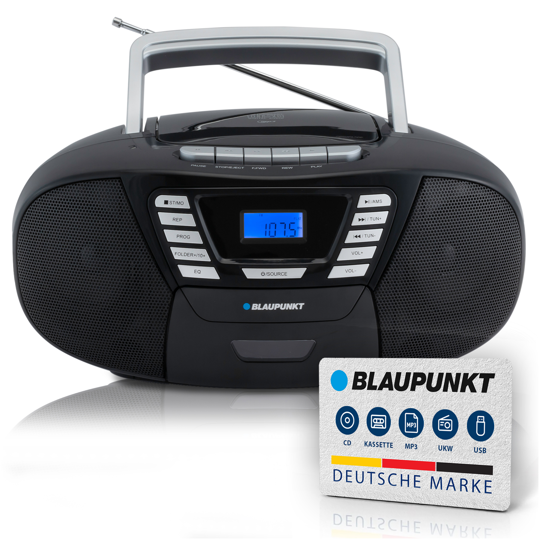 Boombox Blaupunkt nera con CD, musicassetta, radio e display. Accanto c'è una carta.