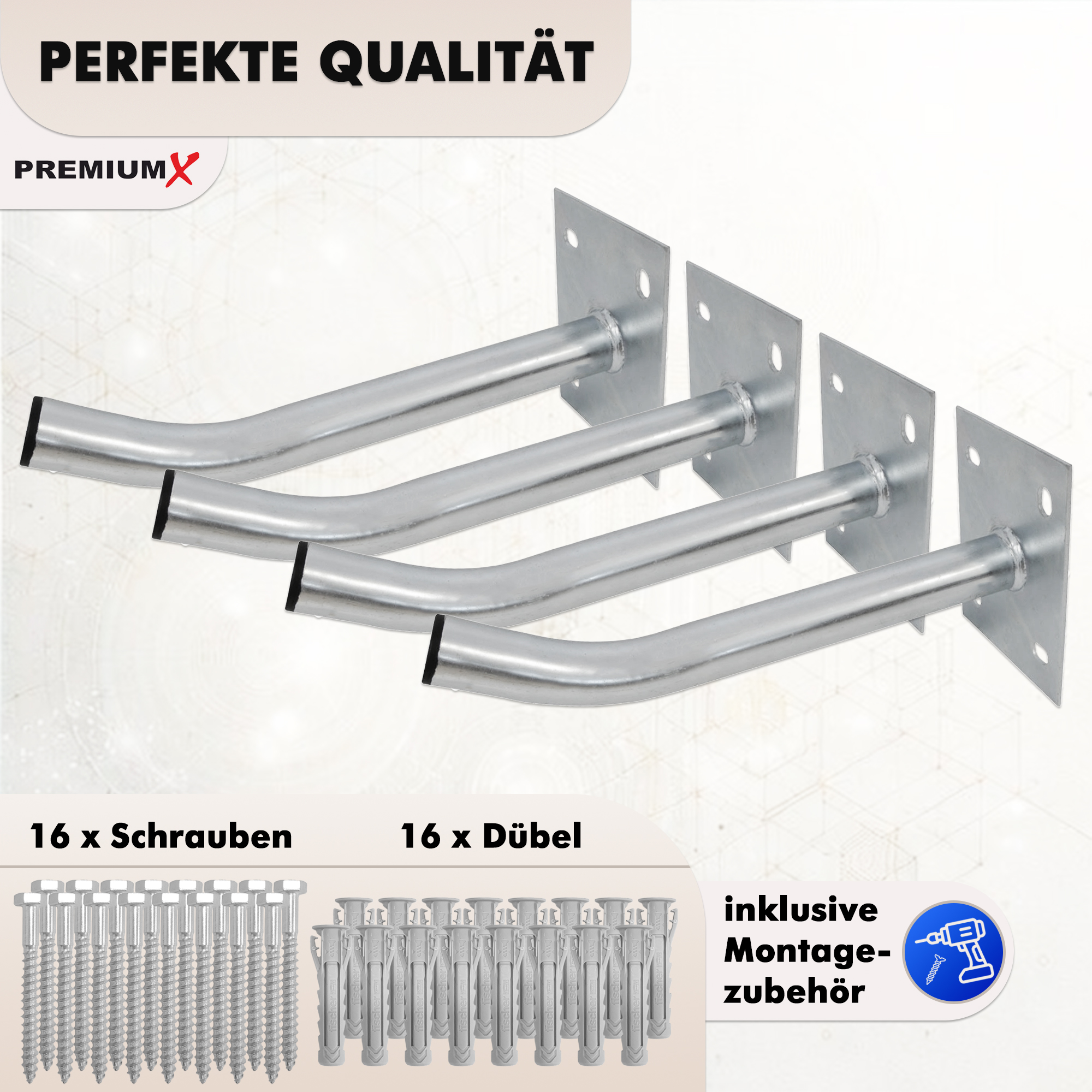 Vier gebogene silberne Halterungen mit Montageplatten, Schrauben und Dübeln.