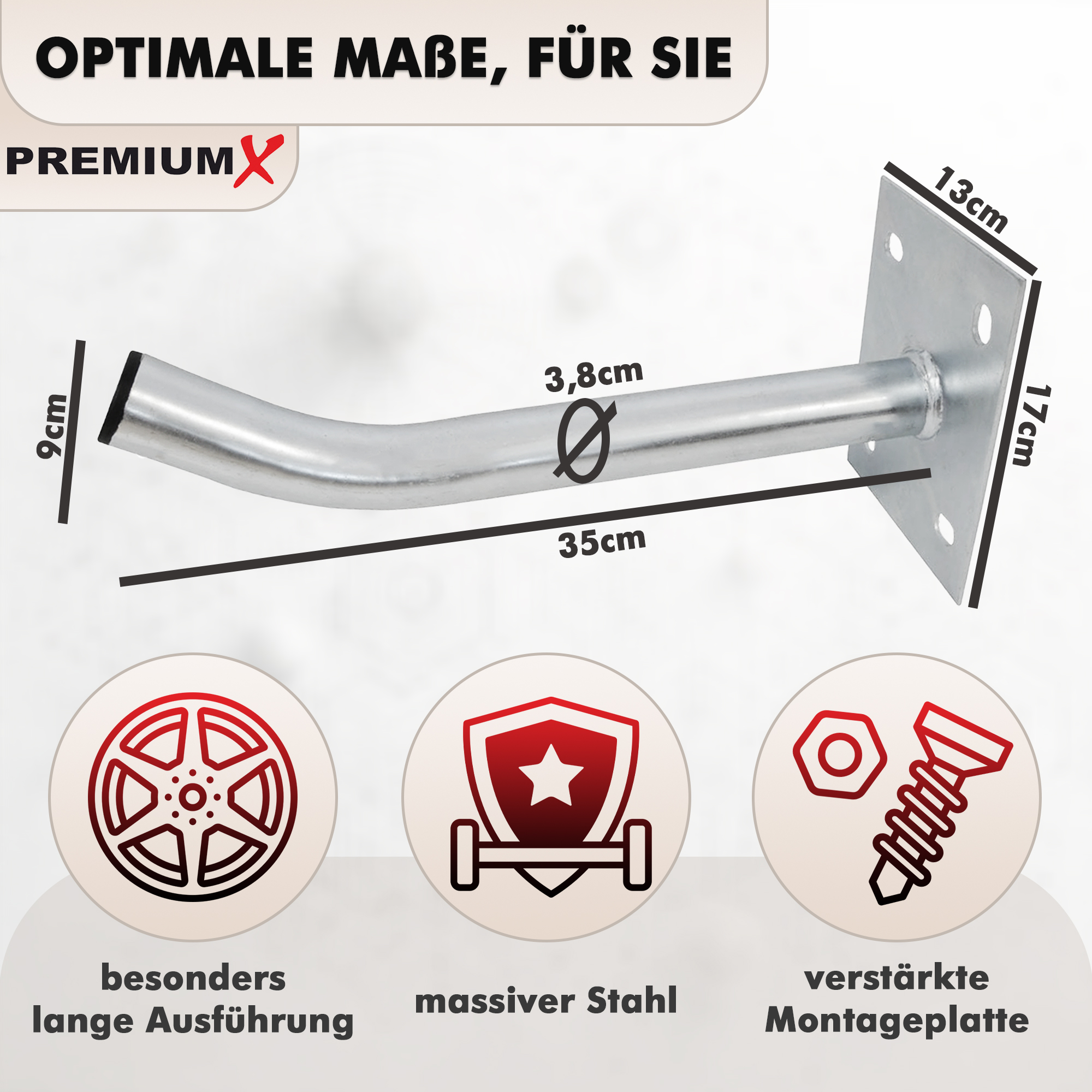 Ein silberner Metallbügel mit Maßen und drei Icons: Felge, Schild, Schraube.
