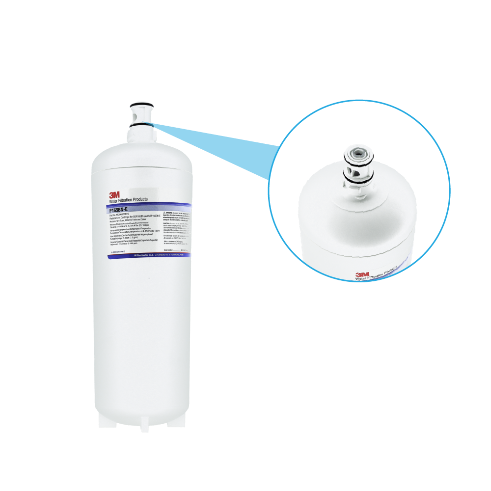 Ein weißer Wasserfilter von 3M mit vergrößerter Ansicht des Anschlusses.