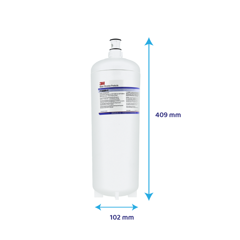 Weiße Wasserfilterkartusche, 409 mm hoch und 102 mm breit, mit 3M-Branding.