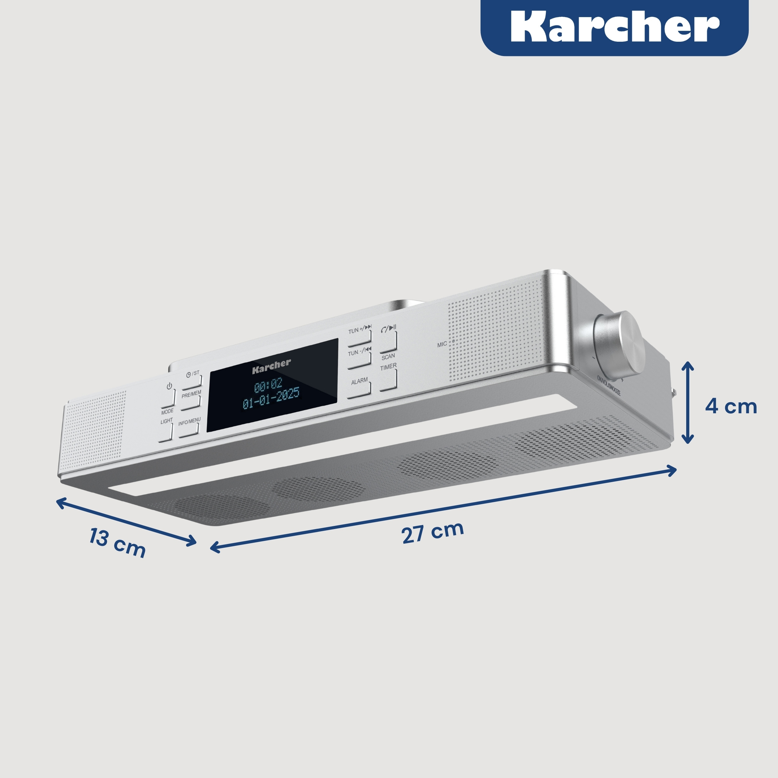 Silbernes Kärcher Radio mit Display, Knöpfen und Lautsprechergrills. Maße: 27x13x4cm.