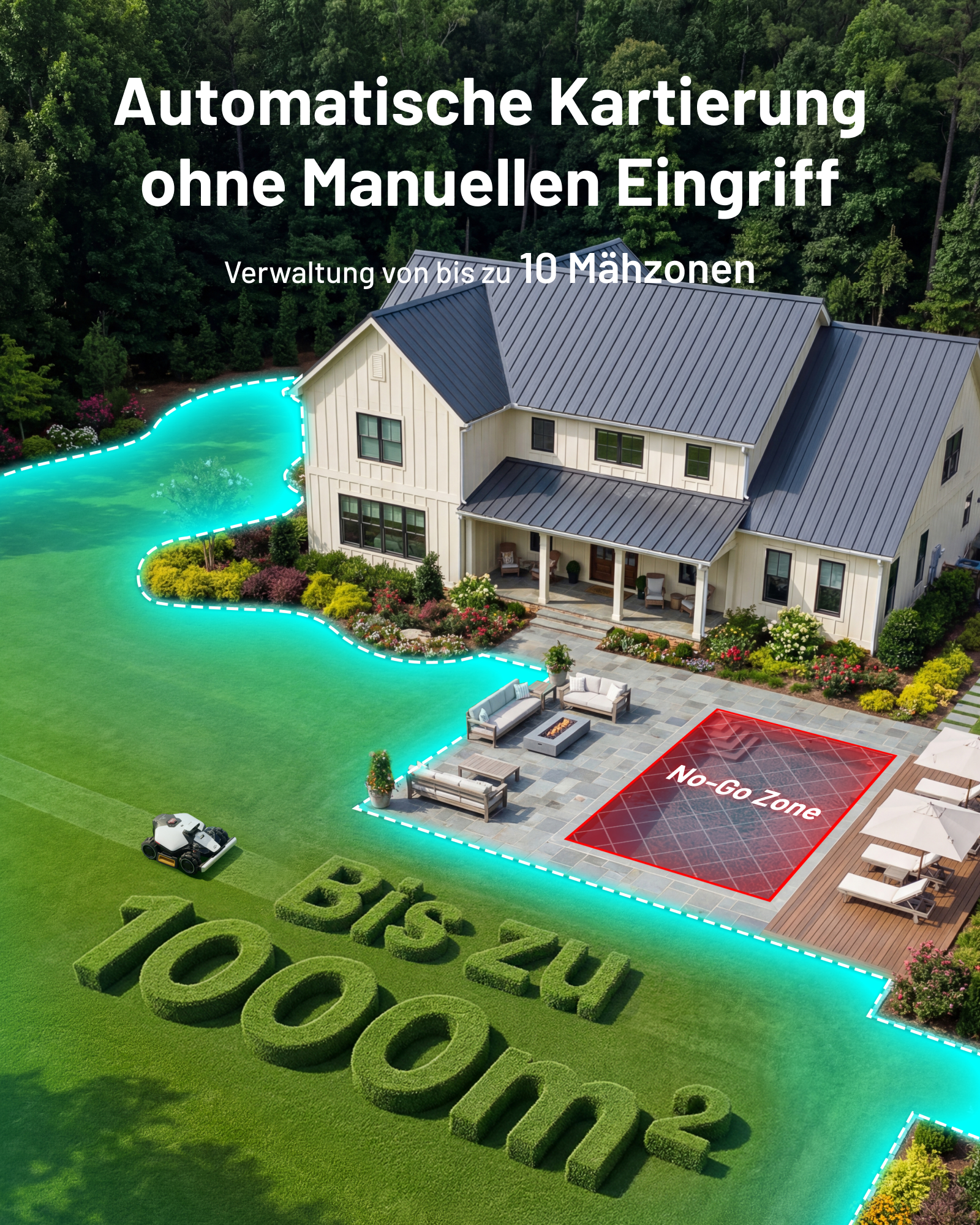 Ein Rasenroboter mäht einen Rasen vor einem Haus mit einer markierten "No-Go Zone".