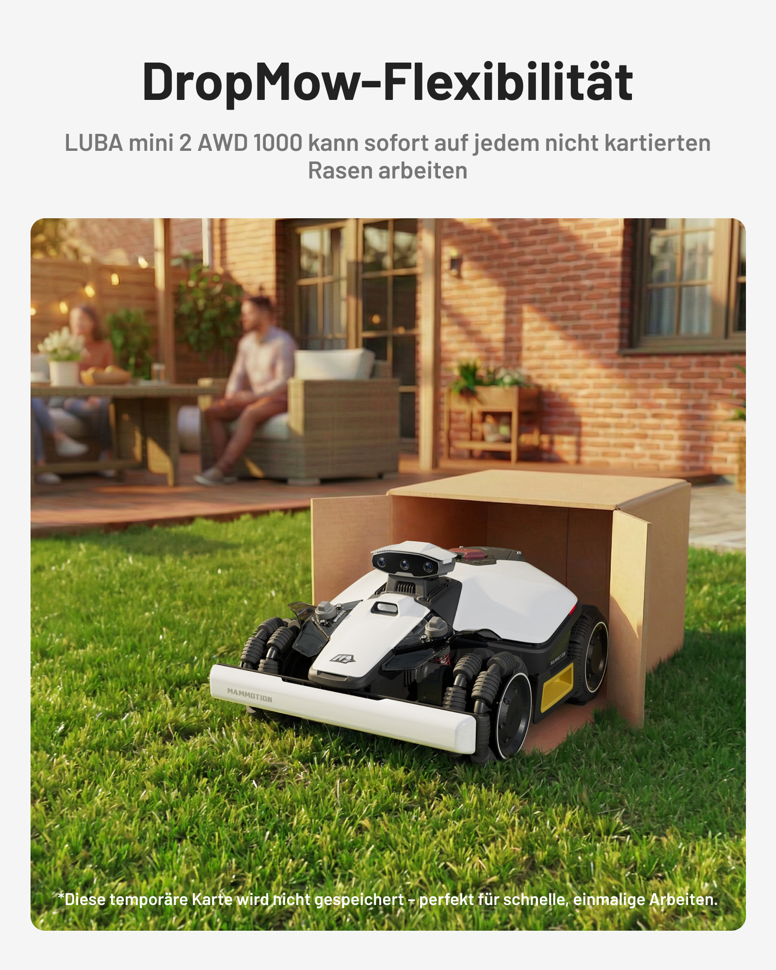 Ein weißer Mähroboter steht vor einem Karton auf einem grünen Rasen.