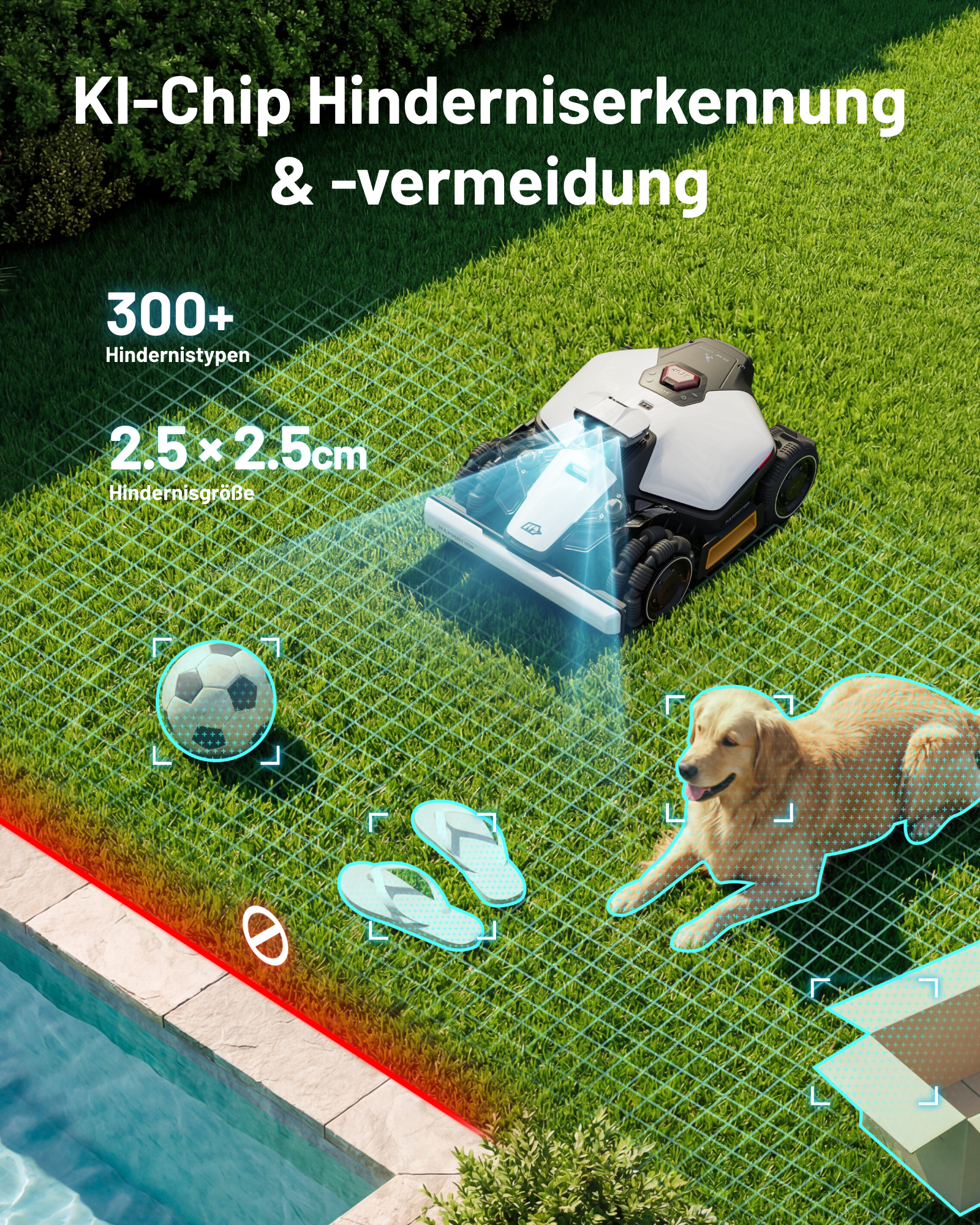 Ein Rasenmähroboter erkennt einen Hund, Ball, Flip-Flops und eine Kiste auf dem Rasen.