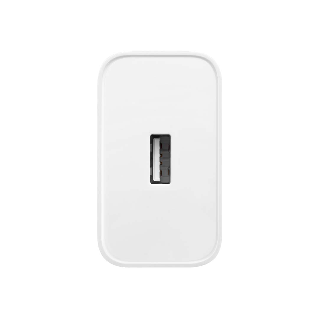 Biały adapter zasilający USB z jednym portem USB.
