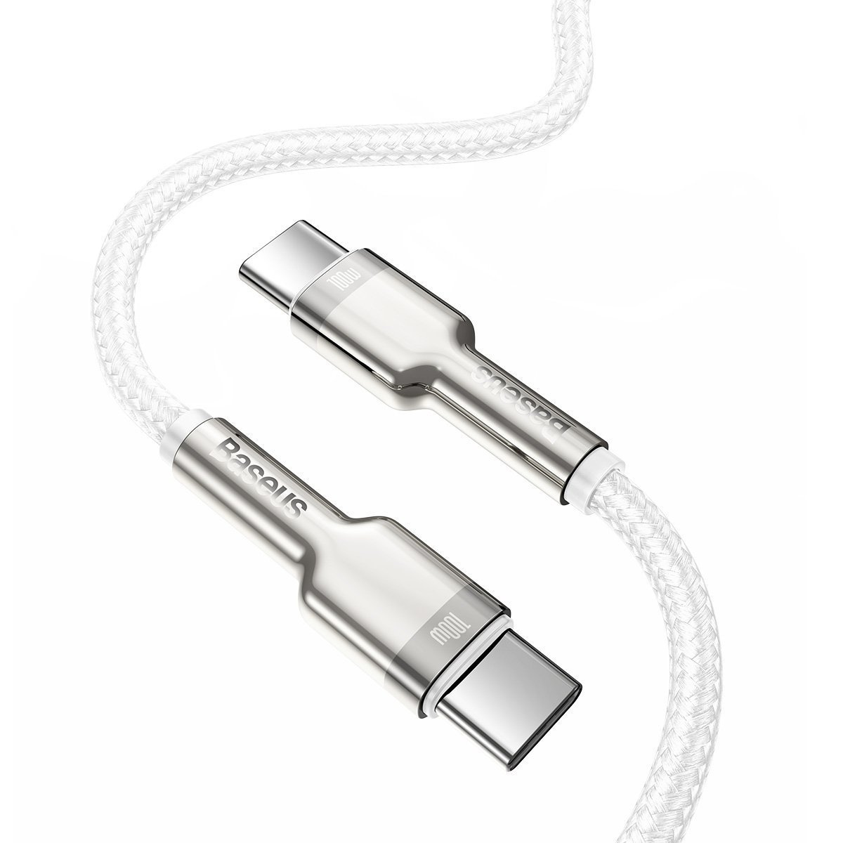 Un cavo USB-C bianco con connettori argentati, etichettato 100W.