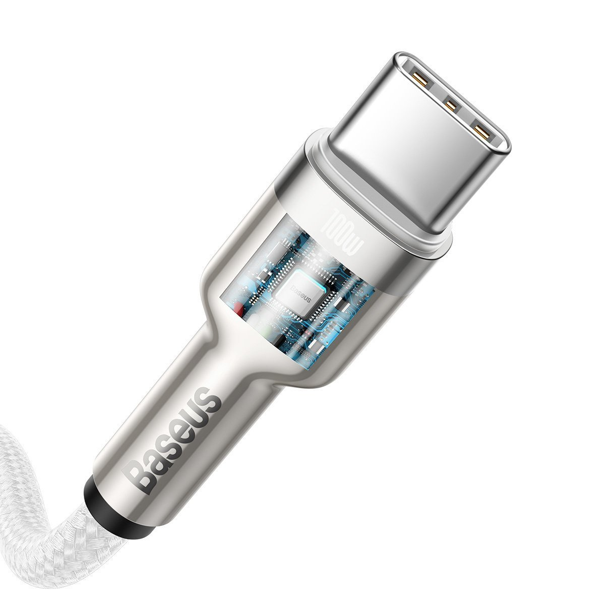 Cavo USB-C argentato con indicatore di alimentazione 100W e circuito visibile.