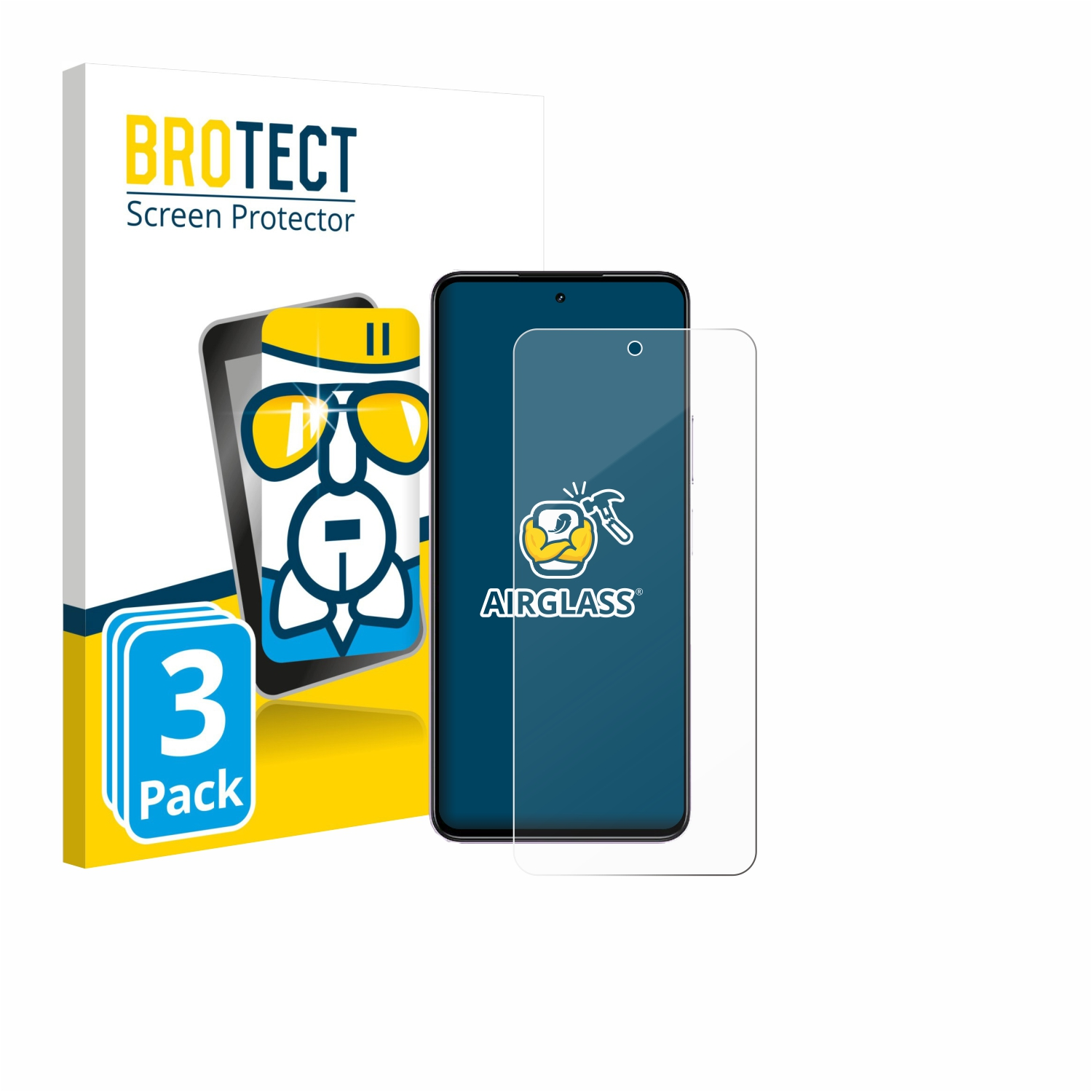 Packung BROTECT Displayschutzfolie mit 3 Stück, mit Handy und Schutzfolie.
