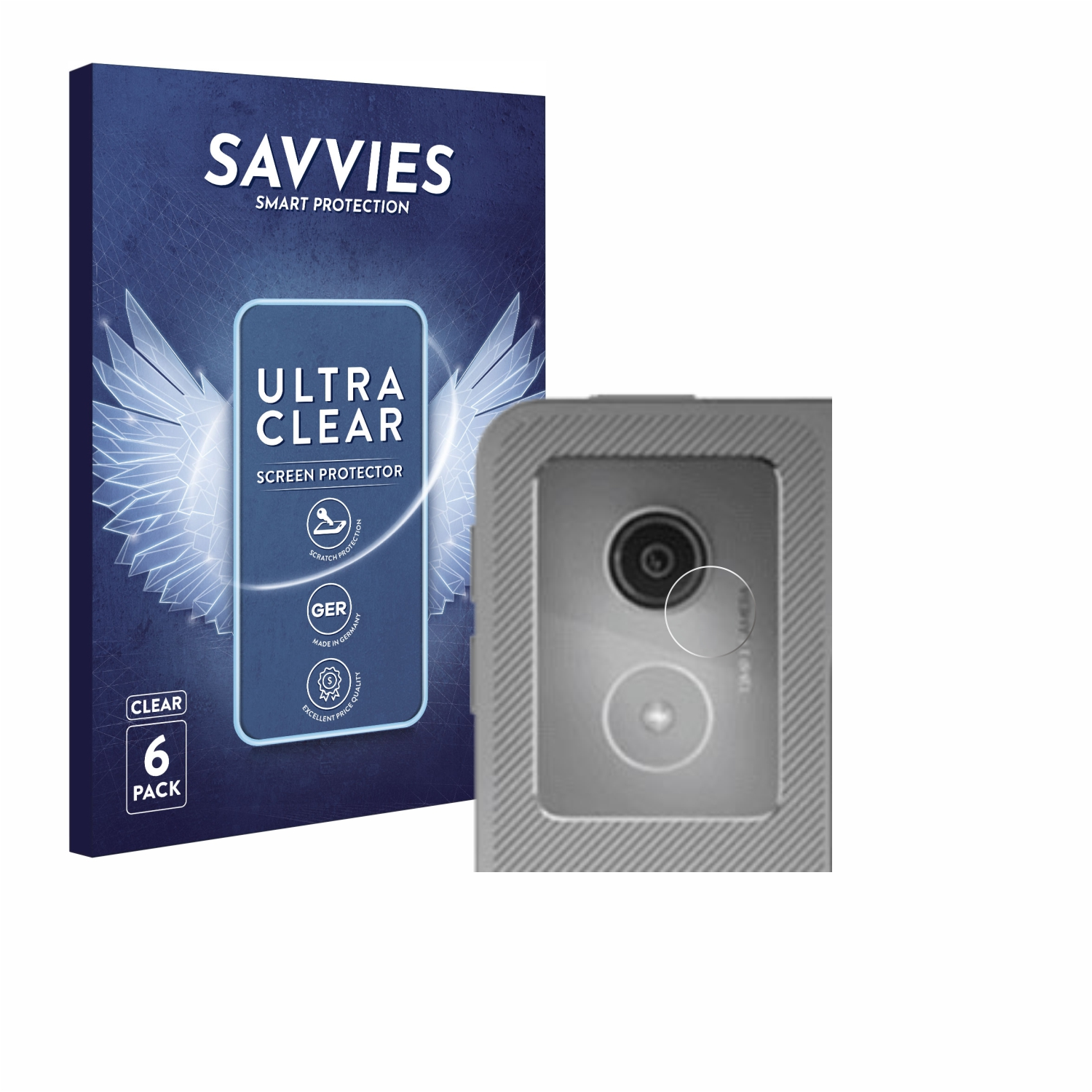 SAVVIES Ultra Clear Screen Protector 6er Pack neben einer Kamera.