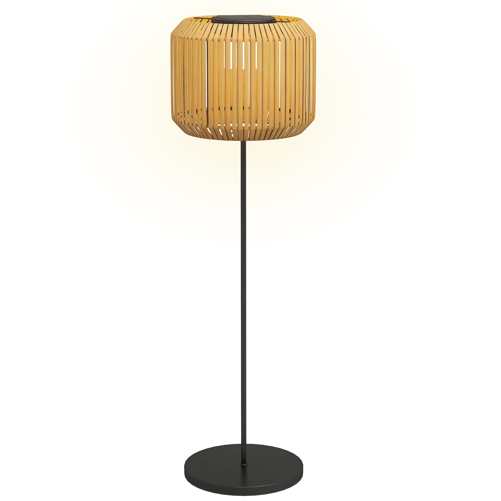Lampada da terra con paralume in bambù e base nera.