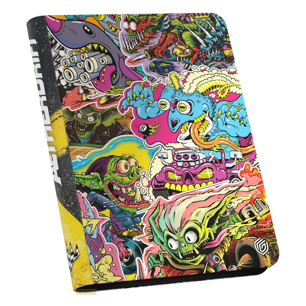 Ein Notizbuch mit einem bunten Comic-Design voller Monster und Hot Rods.