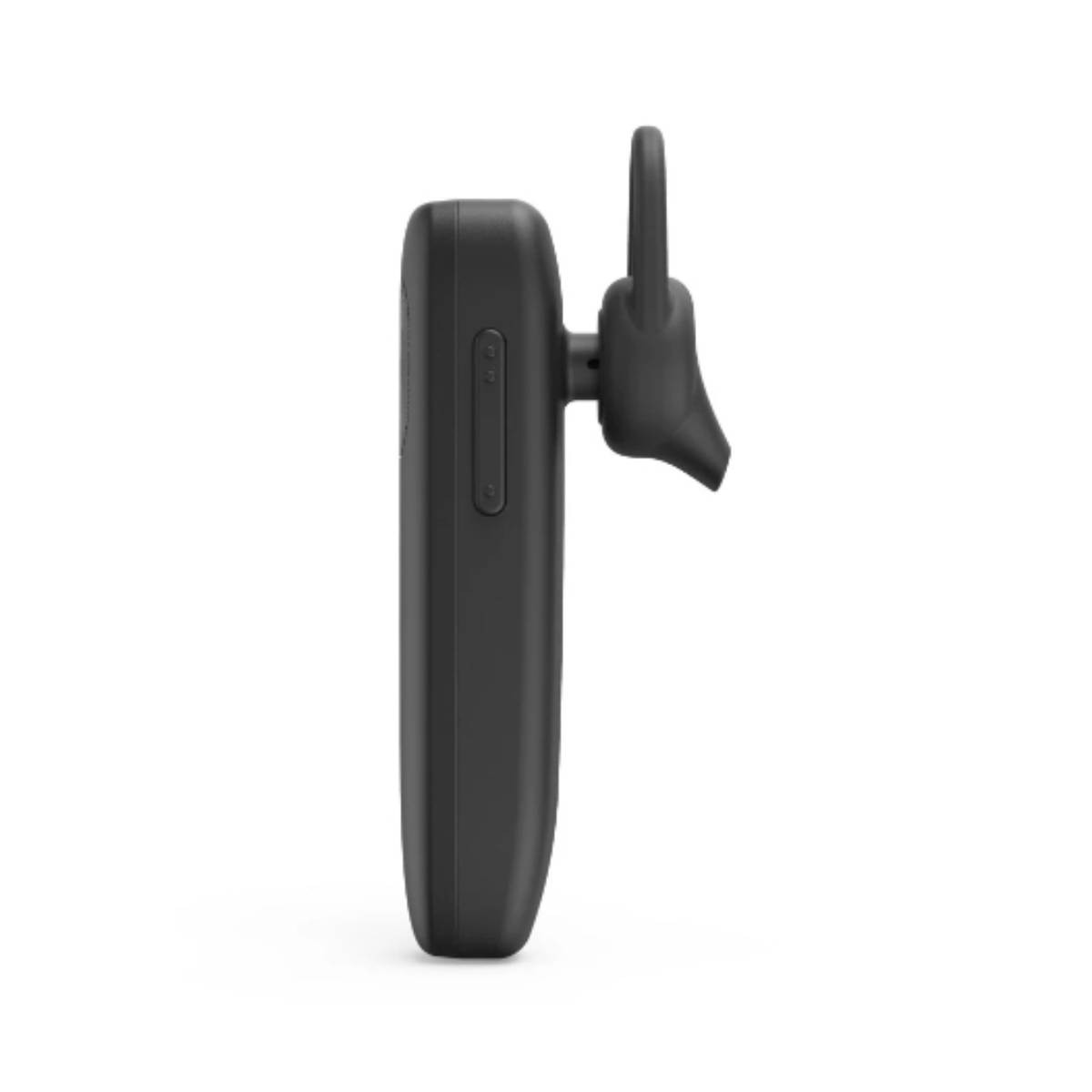 Un auricolare nero con gancio per l'orecchio, visto di profilo.