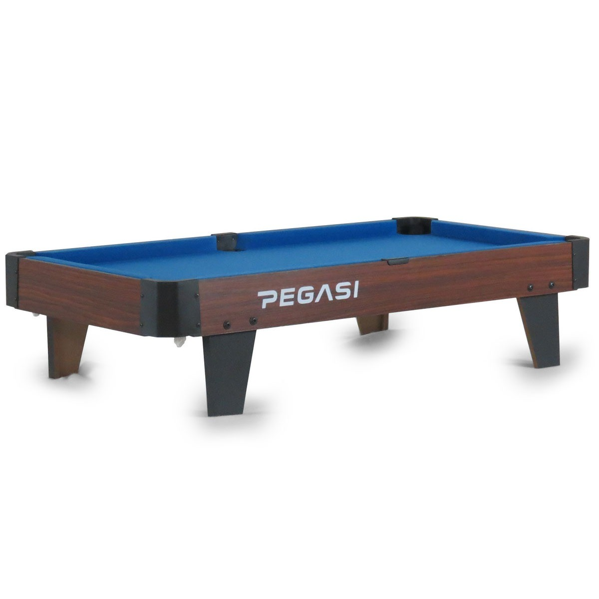 Een kleine blauwe pooltafel met een houten frame en zwarte poten.