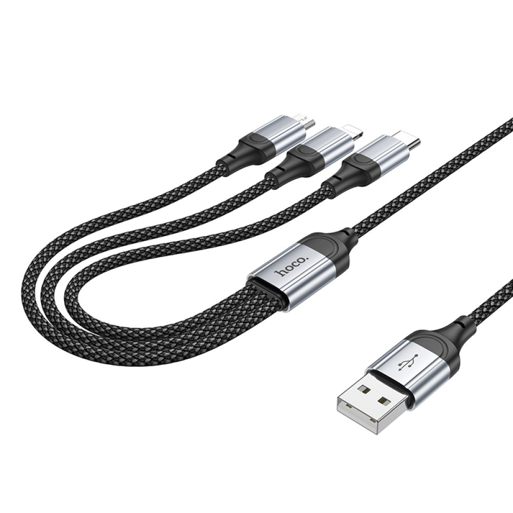 Üç farklı konektöre sahip siyah USB kablosu.