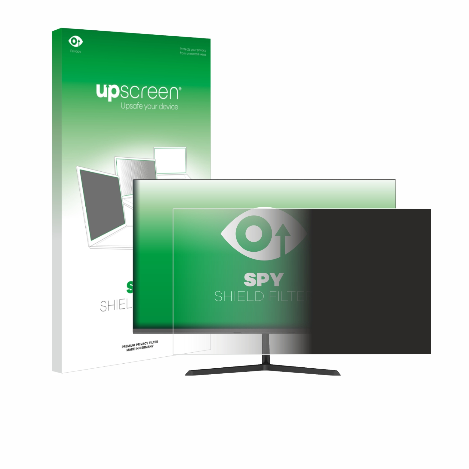 Upscreen-Verpackung und ein Monitor mit Sichtschutzfilter.