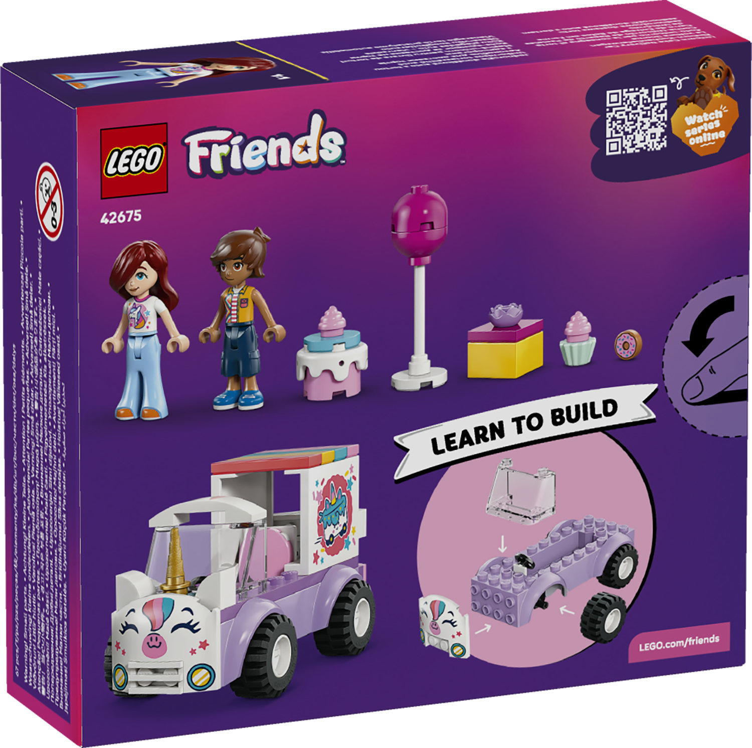 LEGO Friends Set mit zwei Figuren, einem Einhorn-Auto und Bauanleitungen.