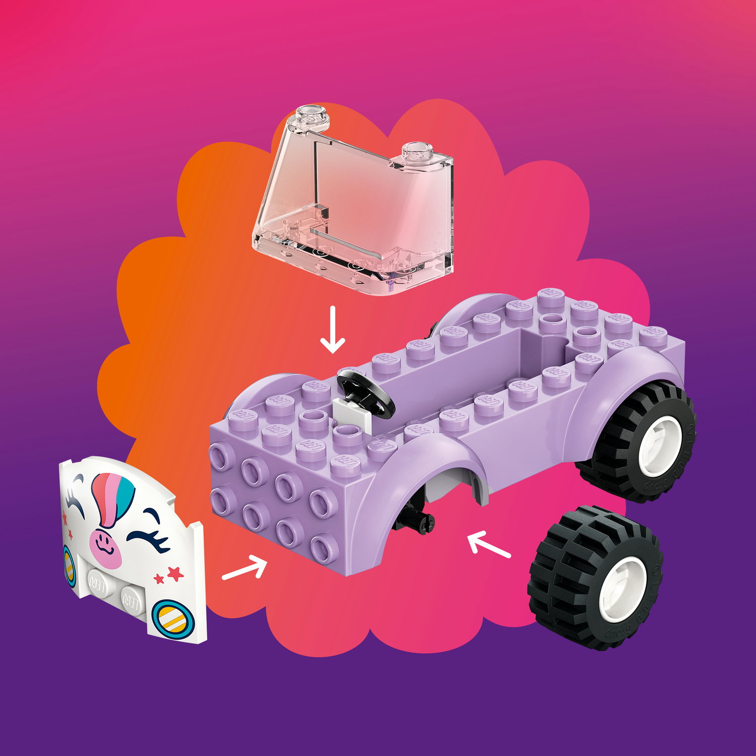 Ein lila Lego-Autoteil mit transparentem Verdeck, einem Reifen und einem weißen Unicorn-Frontteil.