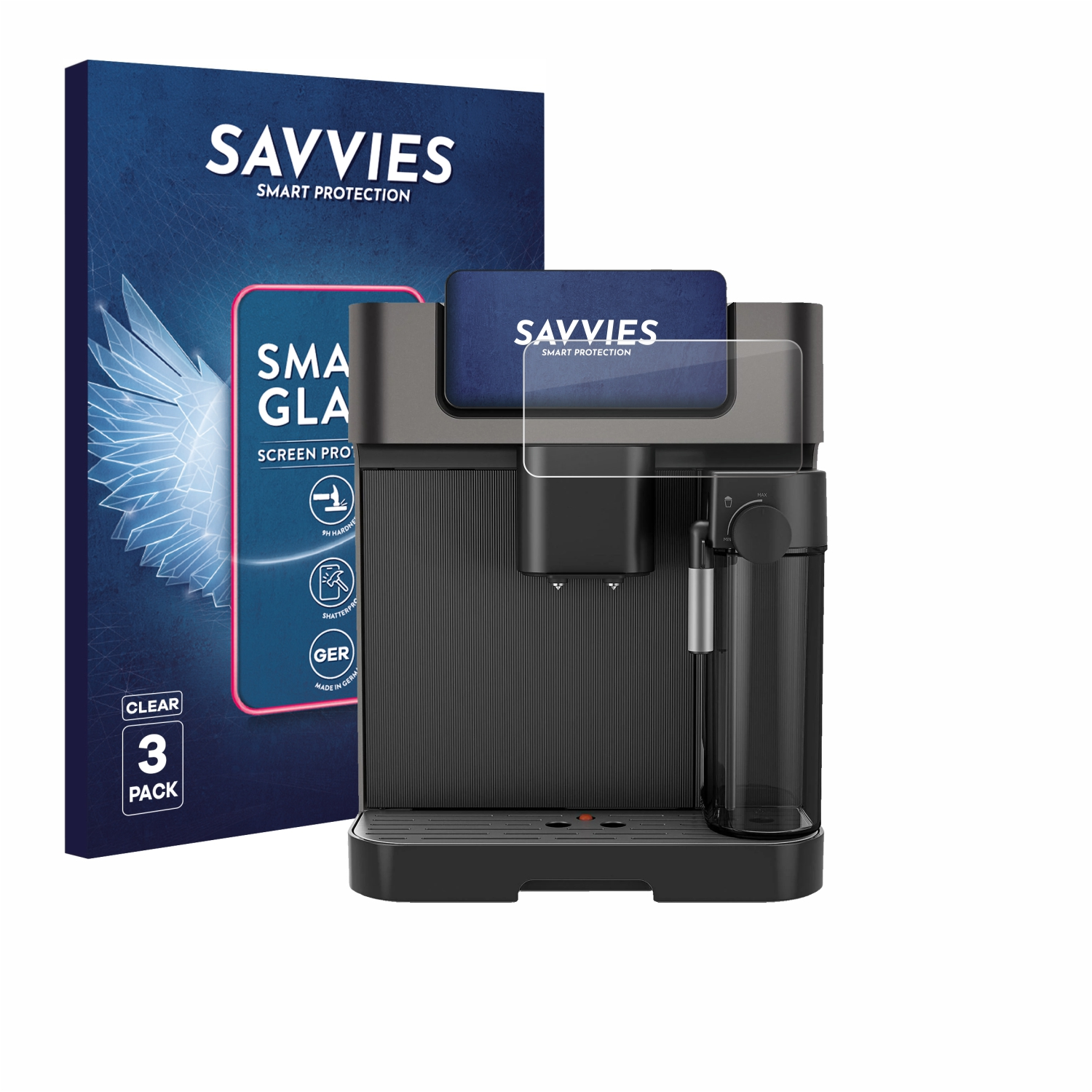 Eine schwarze Kaffeemaschine mit Savvies-Bildschirmschutz und Verpackung.