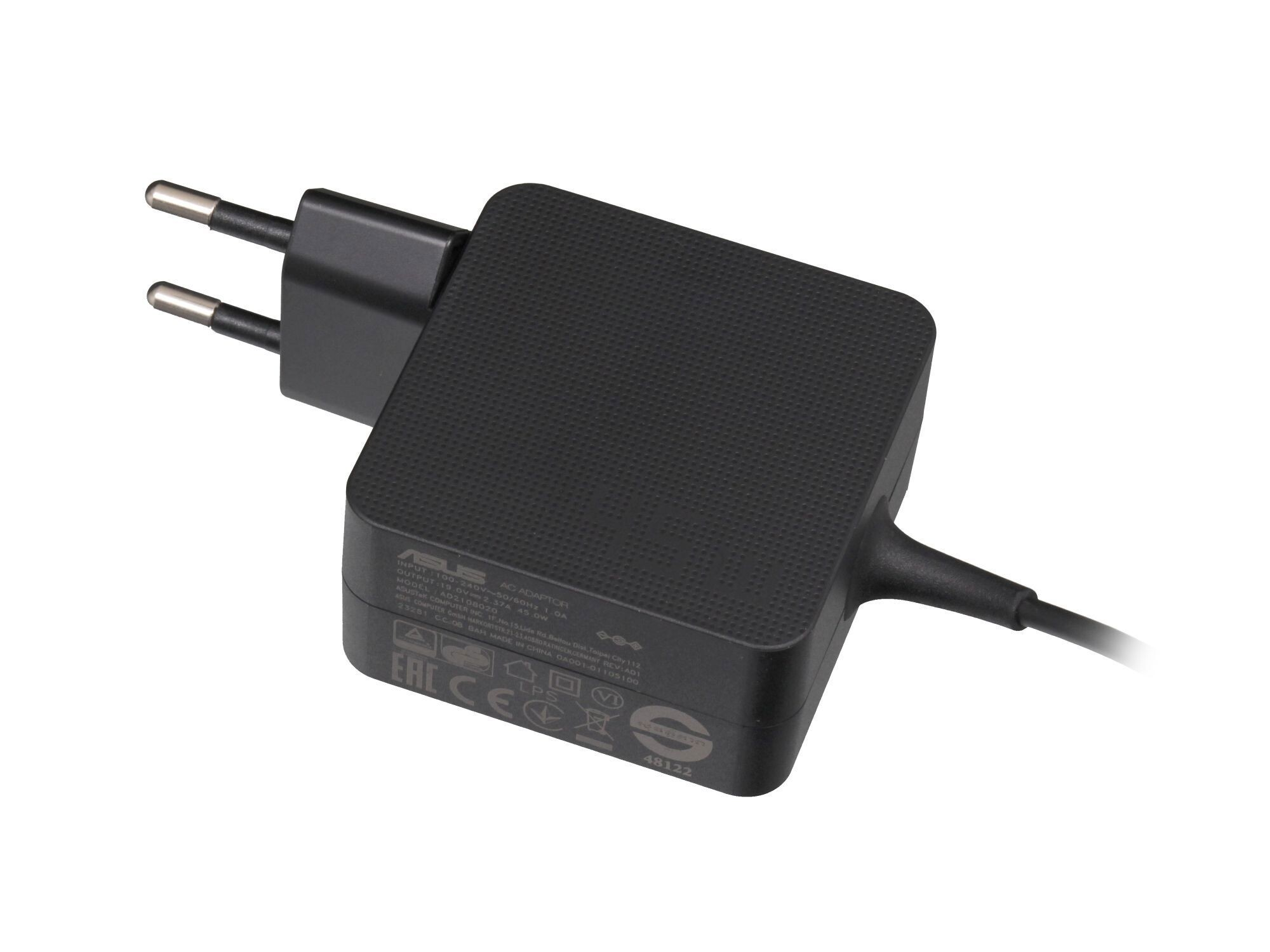 Schwarzer ASUS Netzadapter mit Eurostecker und Kabel.