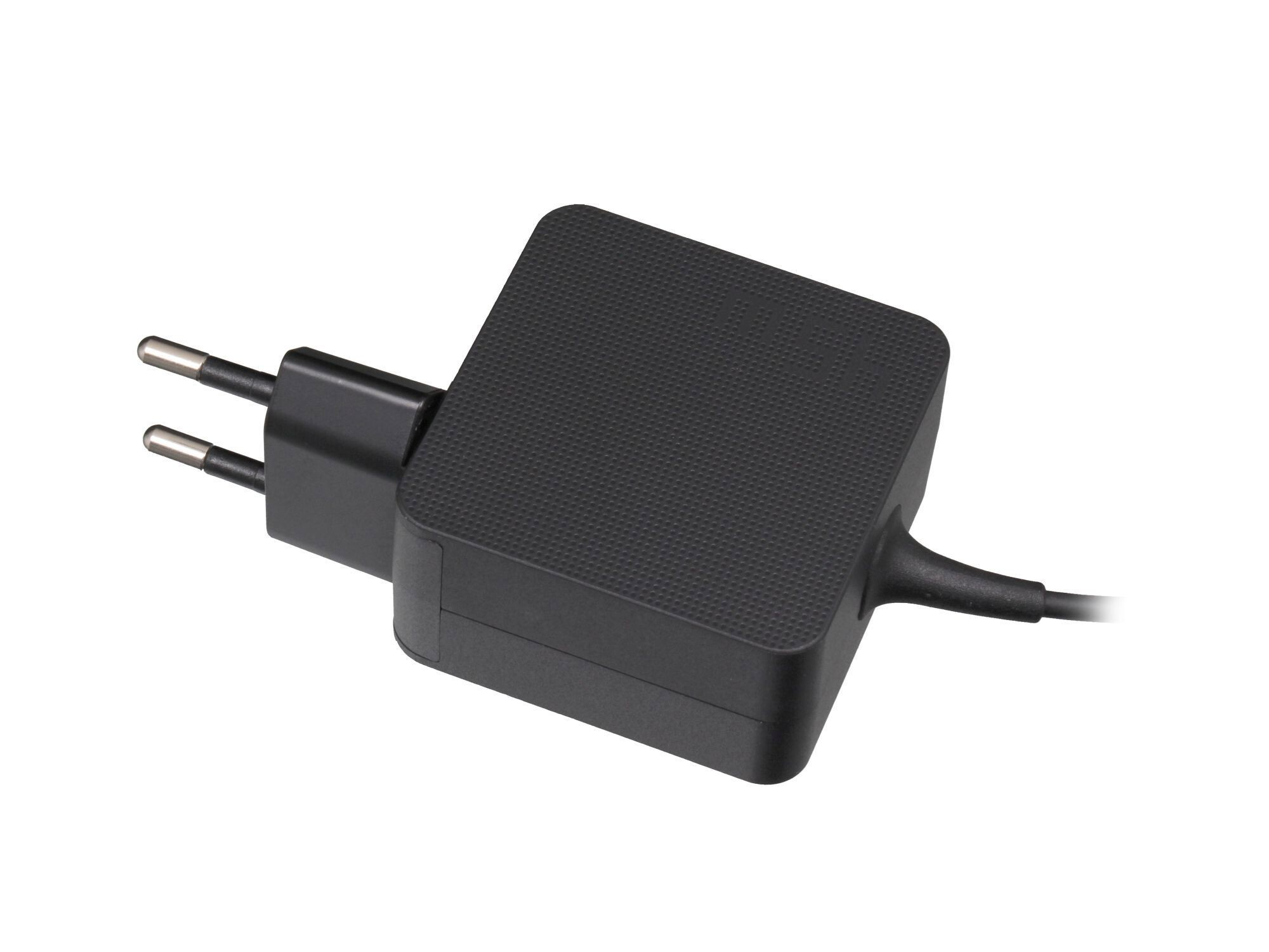 Ein schwarzer Netzstecker mit zwei runden Metallstiften und einer strukturierten Oberfläche.