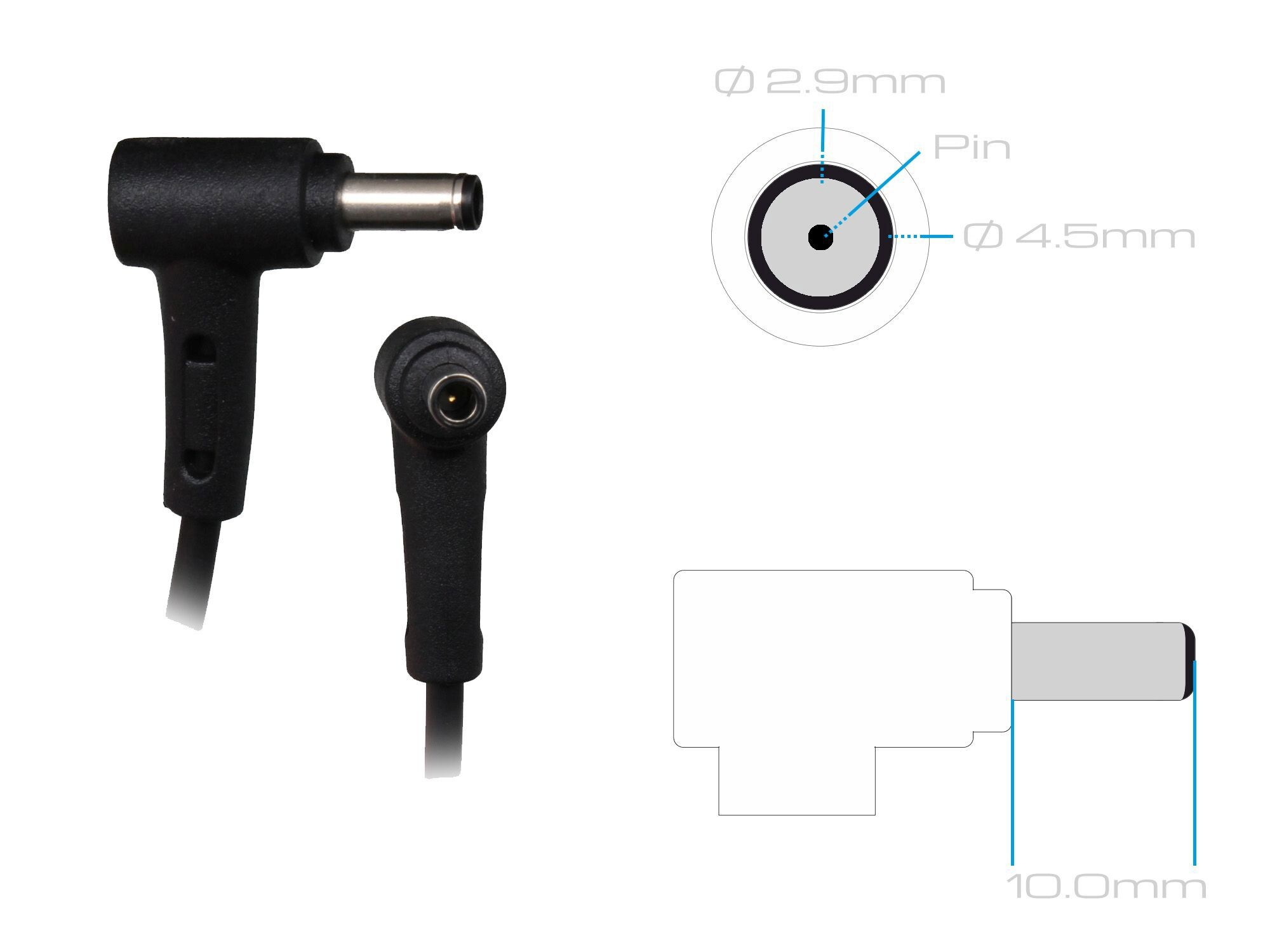 Ein schwarzer Laptop-Netzteilstecker mit technischen Zeichnungen und Maßen.