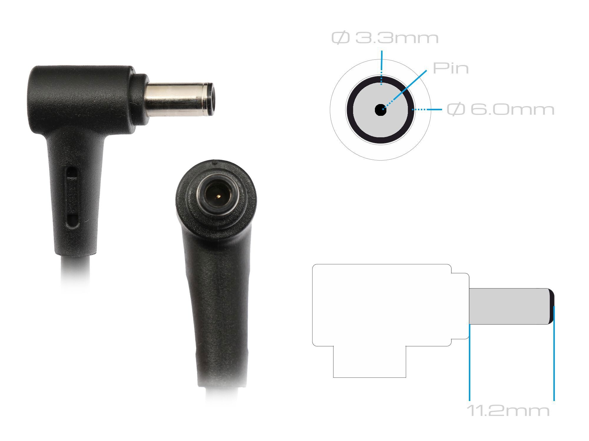Ein schwarzer Stecker mit silberner Spitze und technische Zeichnungen.