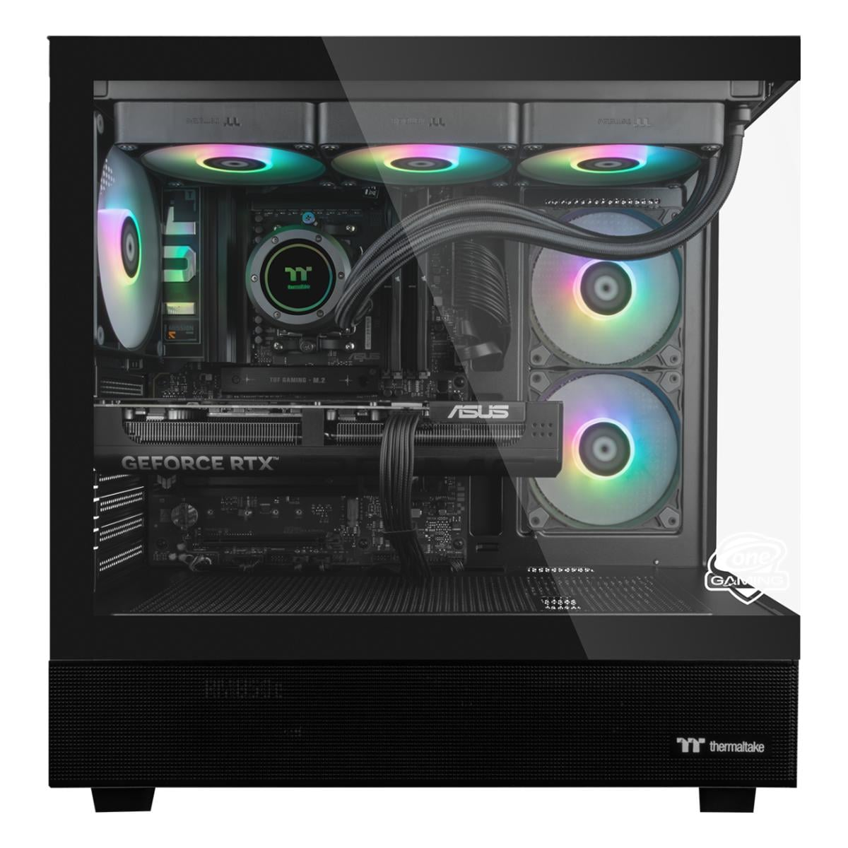 Ein schwarzer PC-Gehäuse-Innenraum mit RGB-Lüftern und einer Grafikkarte.