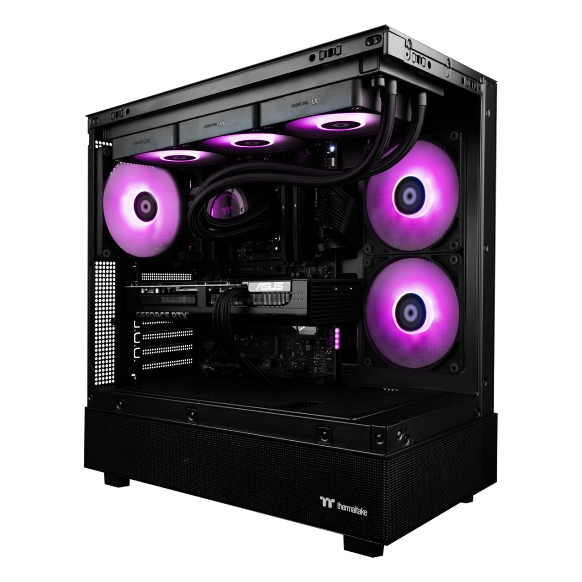 Ein schwarzer PC-Gehäuse mit beleuchteten lila Lüftern und Komponenten.