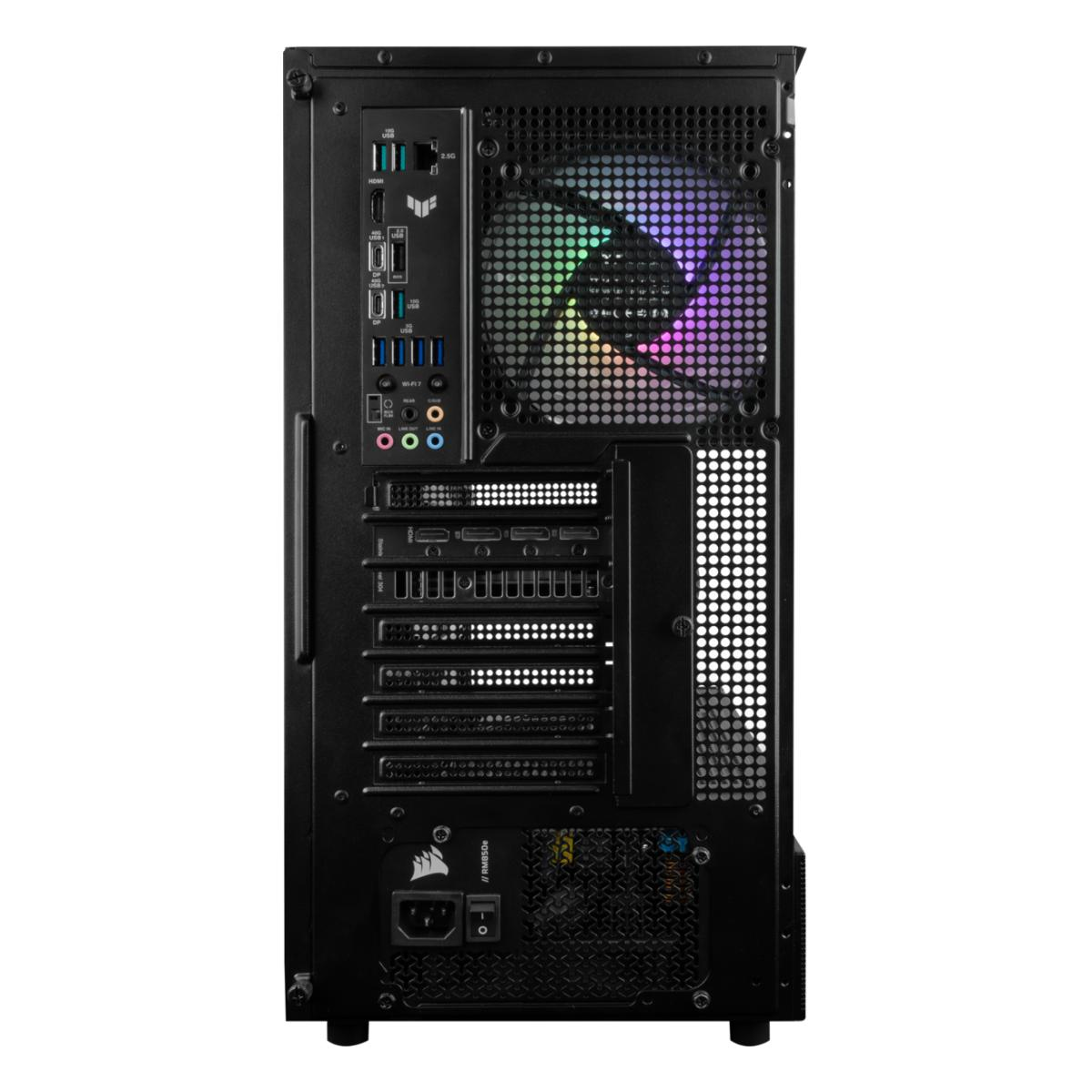 Rückseite eines schwarzen PCs mit RGB-Lüfter, Anschlüssen und Netzteil.