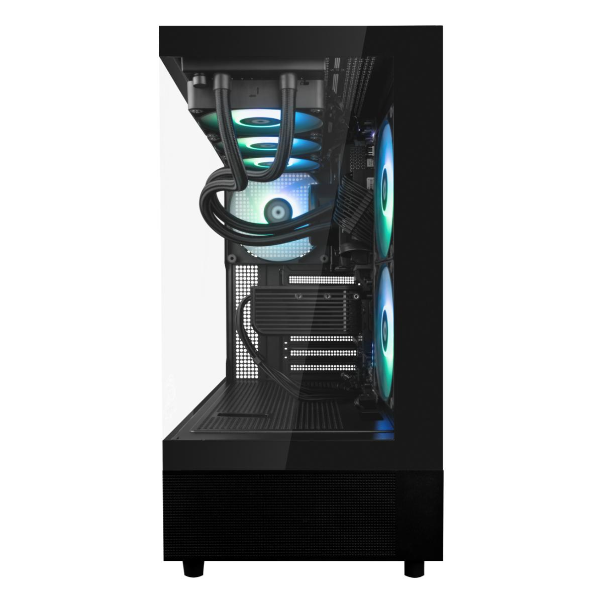 Ein schwarzes PC-Gehäuse mit durchsichtigem Gehäuse und beleuchteten Lüftern.
