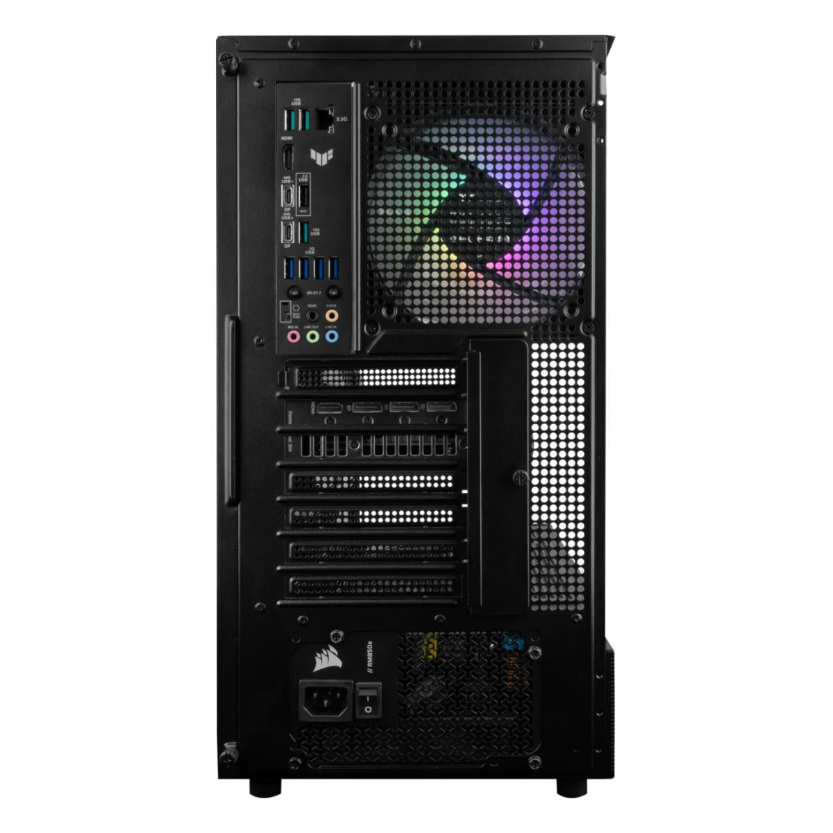 Rückseite eines schwarzen PC-Gehäuses mit Lüfter, Anschlüssen und Netzteil.