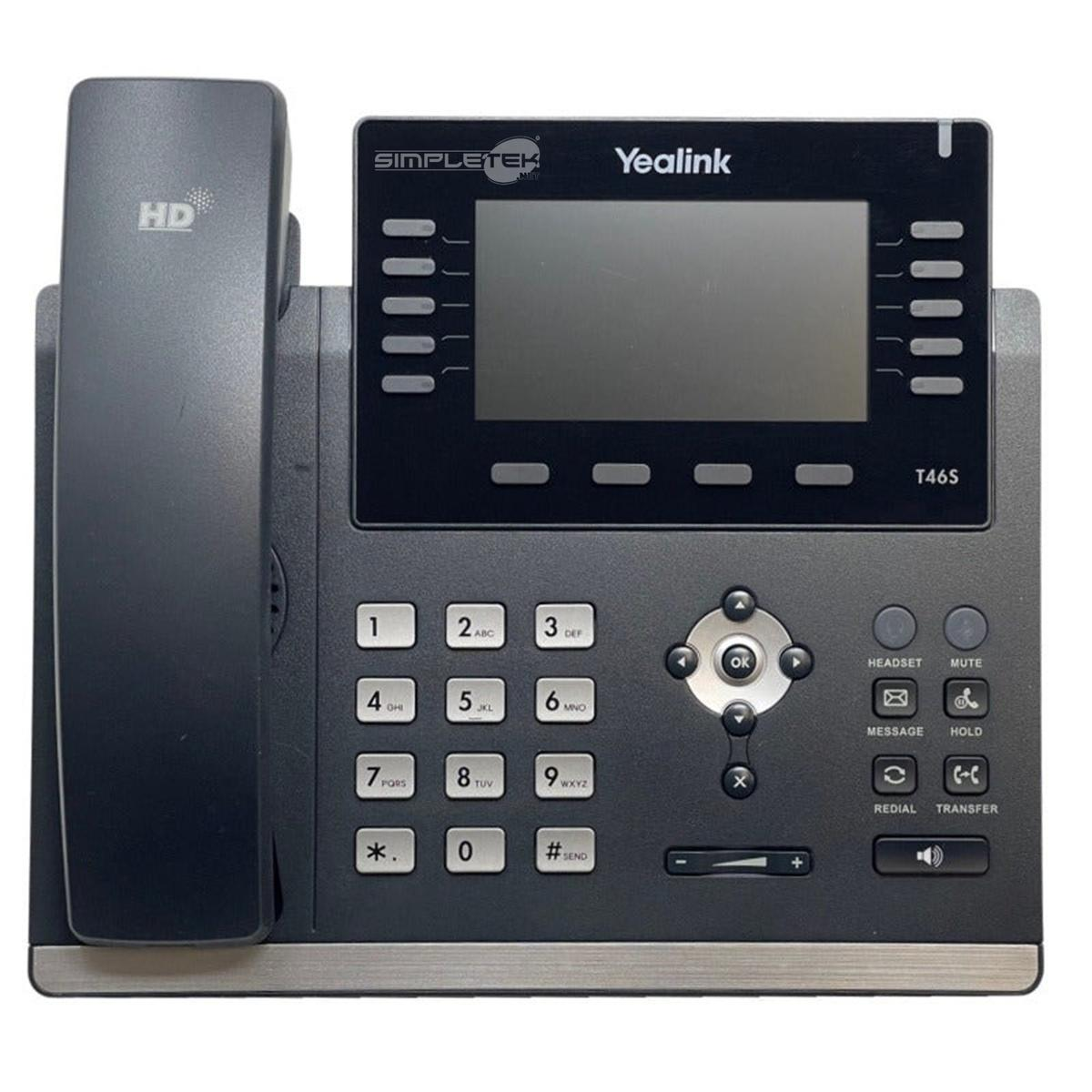 Un telefono IP Yealink T46S nero con cornetta HD, schermo e tastiera.