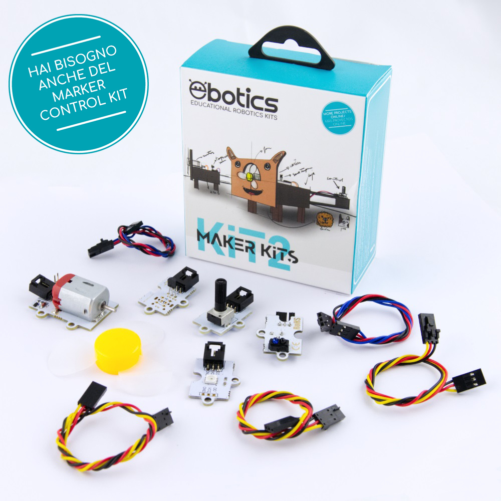 Un kit de robótica con varios componentes electrónicos y una caja de cartón.