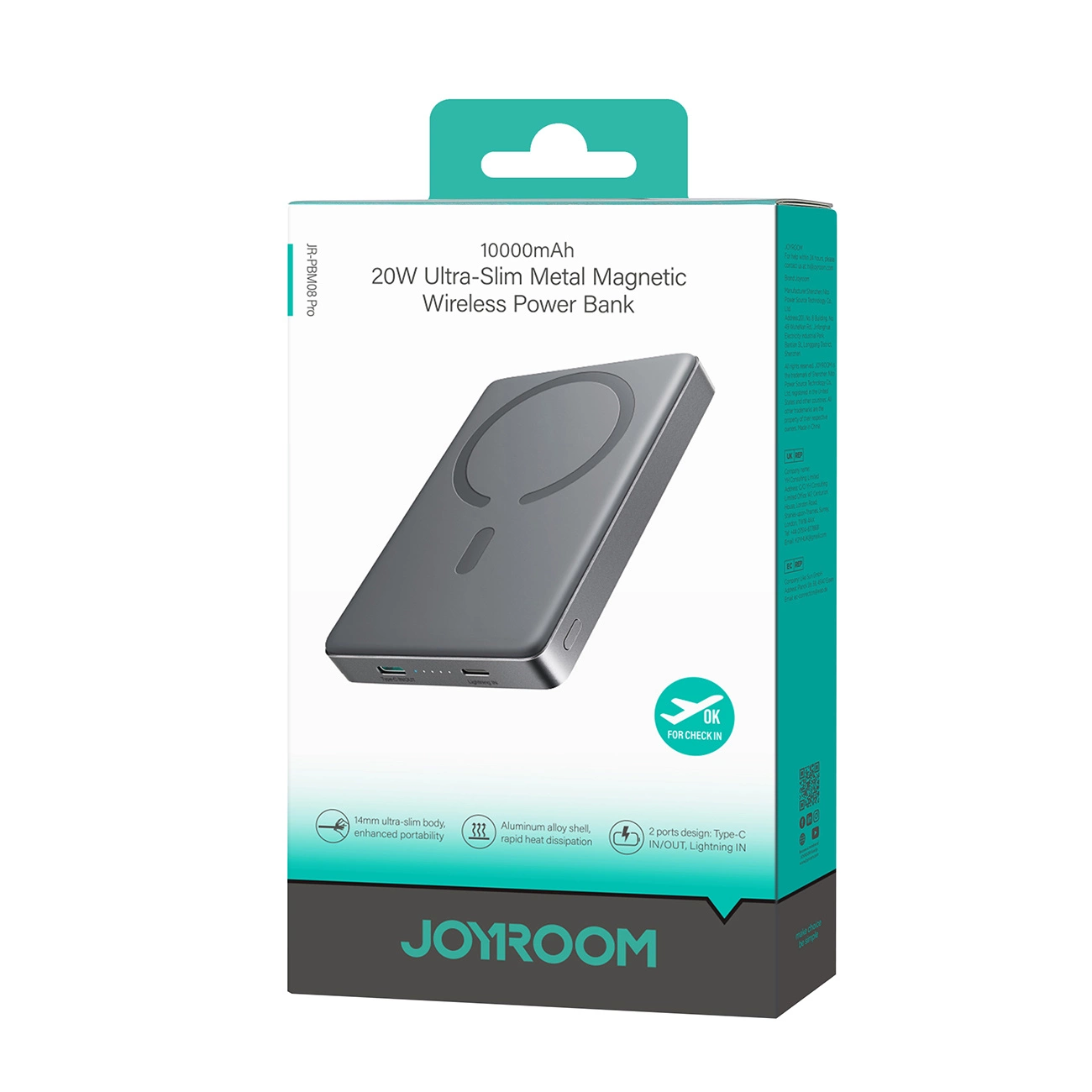 Eine weiß-türkisfarbene Box für eine 10000mAh 20W ultraflache magnetische kabellose Powerbank, die das Gerät zeigt.