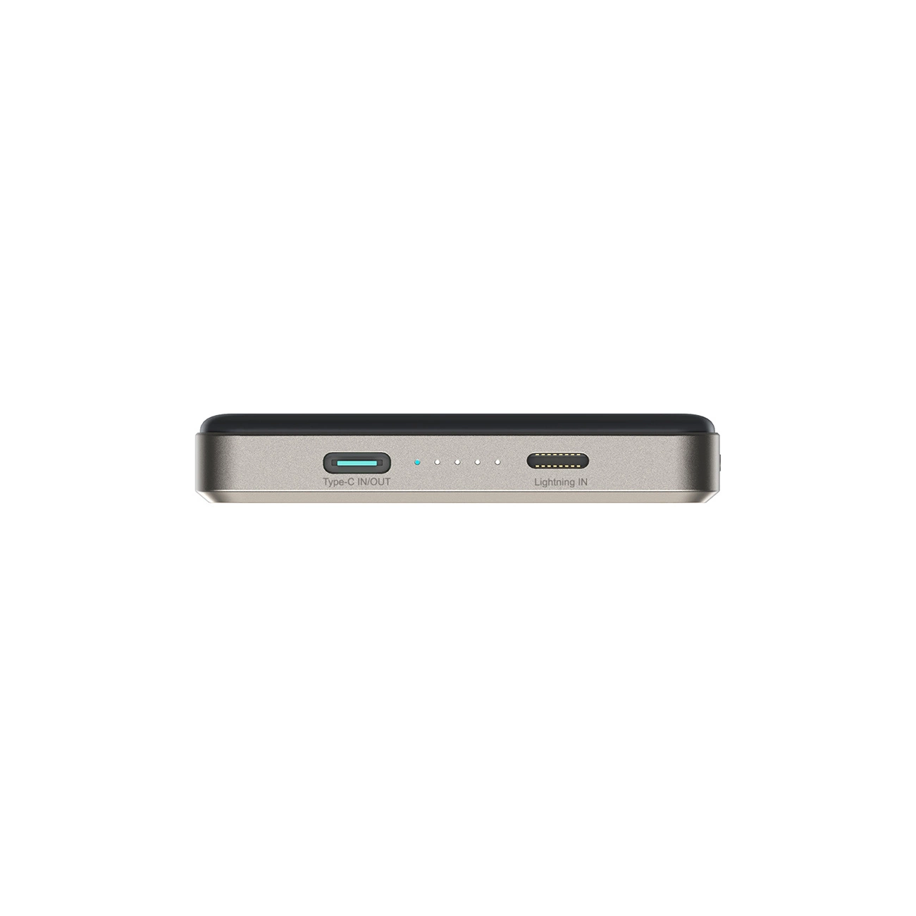 Draufsicht auf eine graue Powerbank mit einem Typ-C IN/OUT-Anschluss, vier Anzeigeleuchten und einem Lightning IN-Anschluss.
