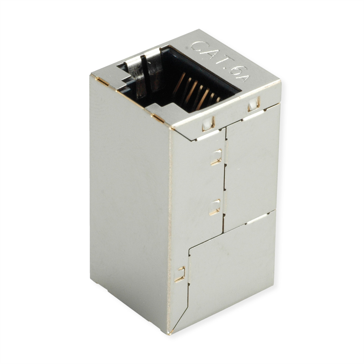 Ein silberfarbener Cat.6A RJ45 Keystone-Buchsenadapter ist mittig auf weißem Hintergrund platziert und leicht nach rechts geneigt.