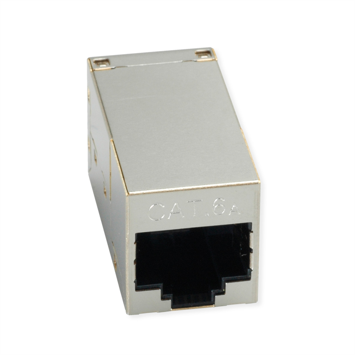 Ein silberner metallischer CAT.6A Ethernet-Koppler mit einem schwarzen rechteckigen Anschluss ist schräg auf weißem Hintergrund abgebildet.