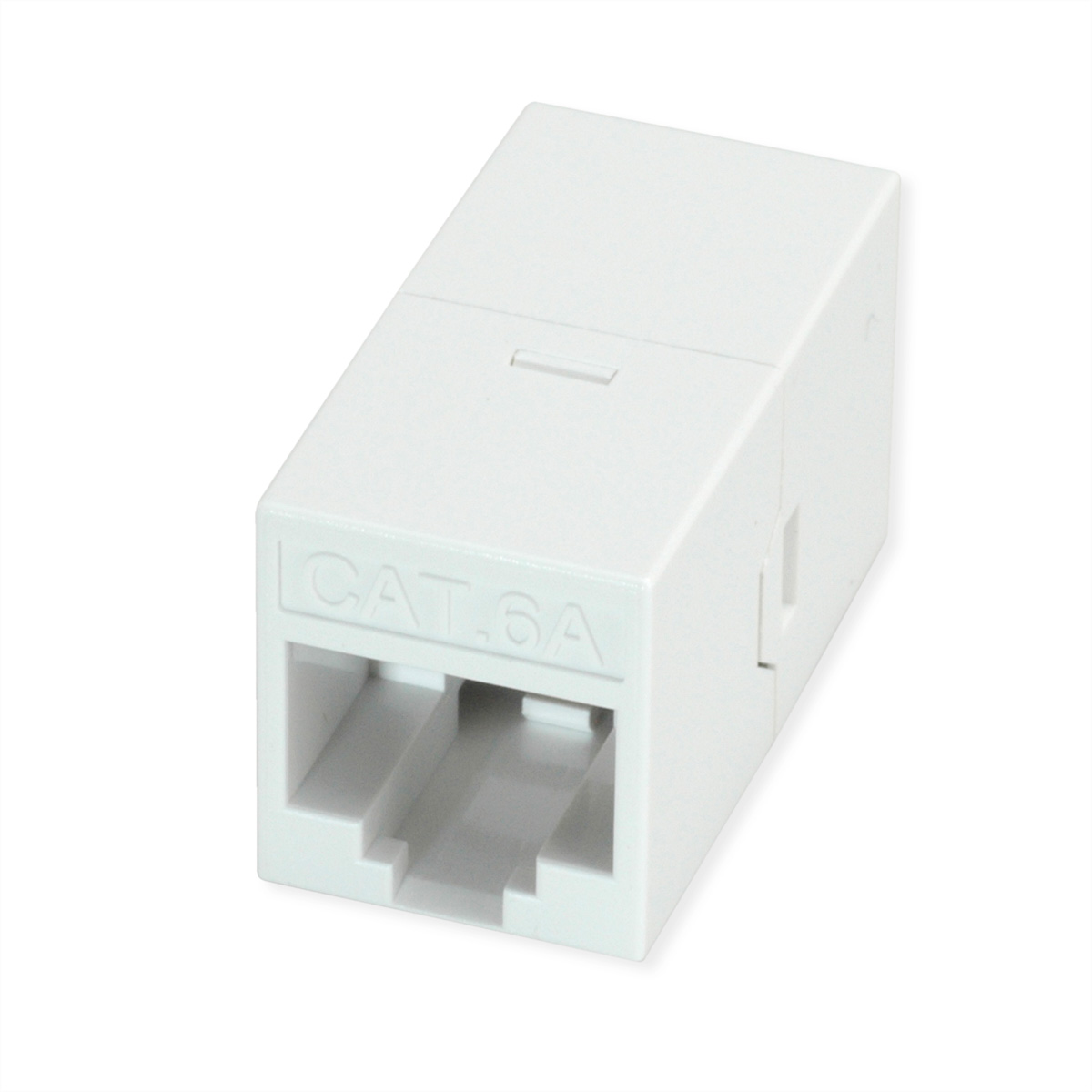 Ein weißer CAT.6A Netzwerkkoppler, rechteckig mit zwei RJ45-Anschlüssen, ist vor einem weißen Hintergrund abgebildet.
