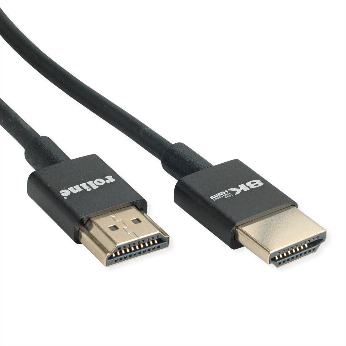 Schwarzes HDMI-Kabel mit 8K-Aufdruck und goldenen Anschlüssen.