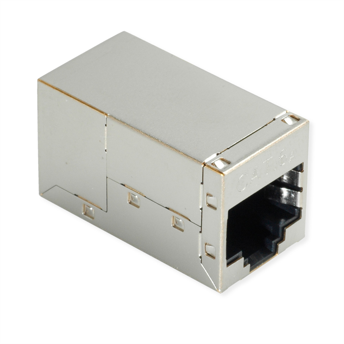 Silberner Netzwerkkupplungsadapter mit CAT 6a Kennzeichnung.