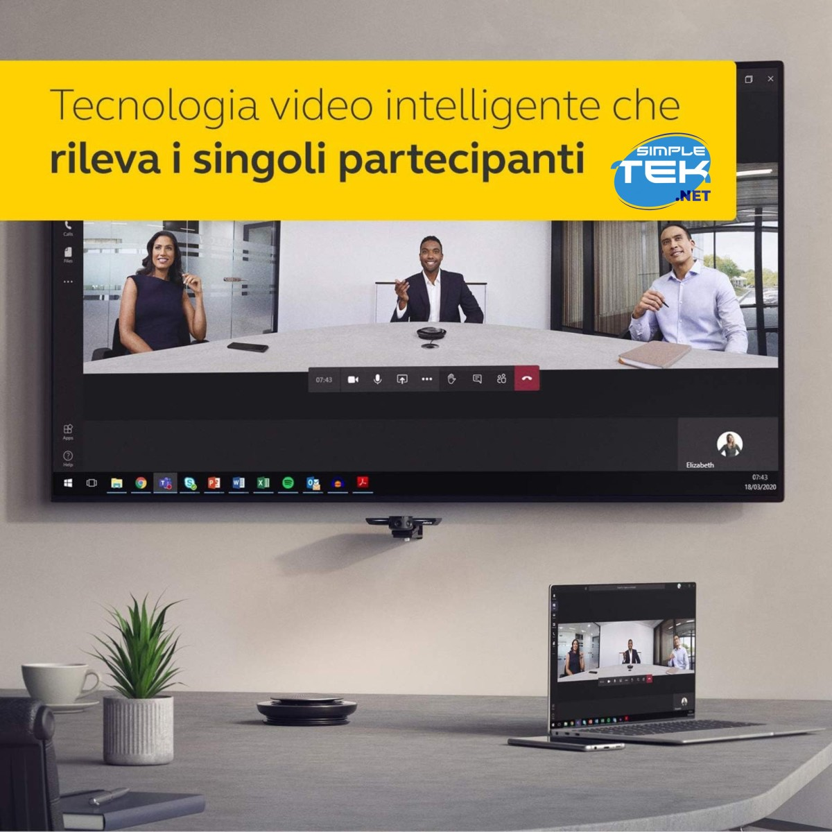 Tecnologia video intelligente mostra tre persone in una riunione.
