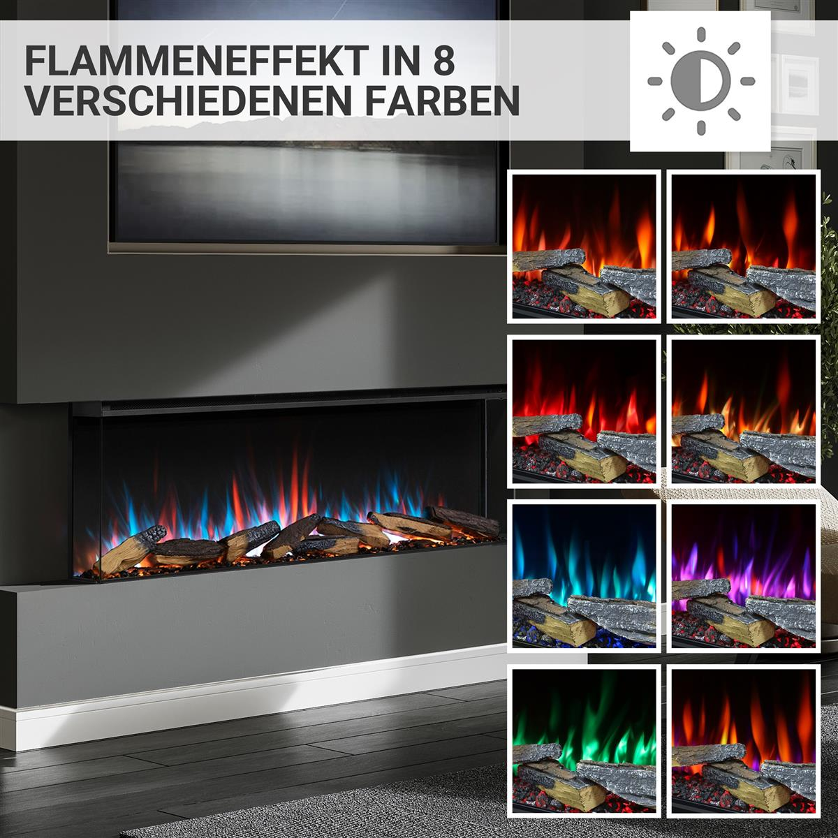 Kamin mit Flammen in 8 Farben: Rot, Blau, Grün, Violett, Orange.