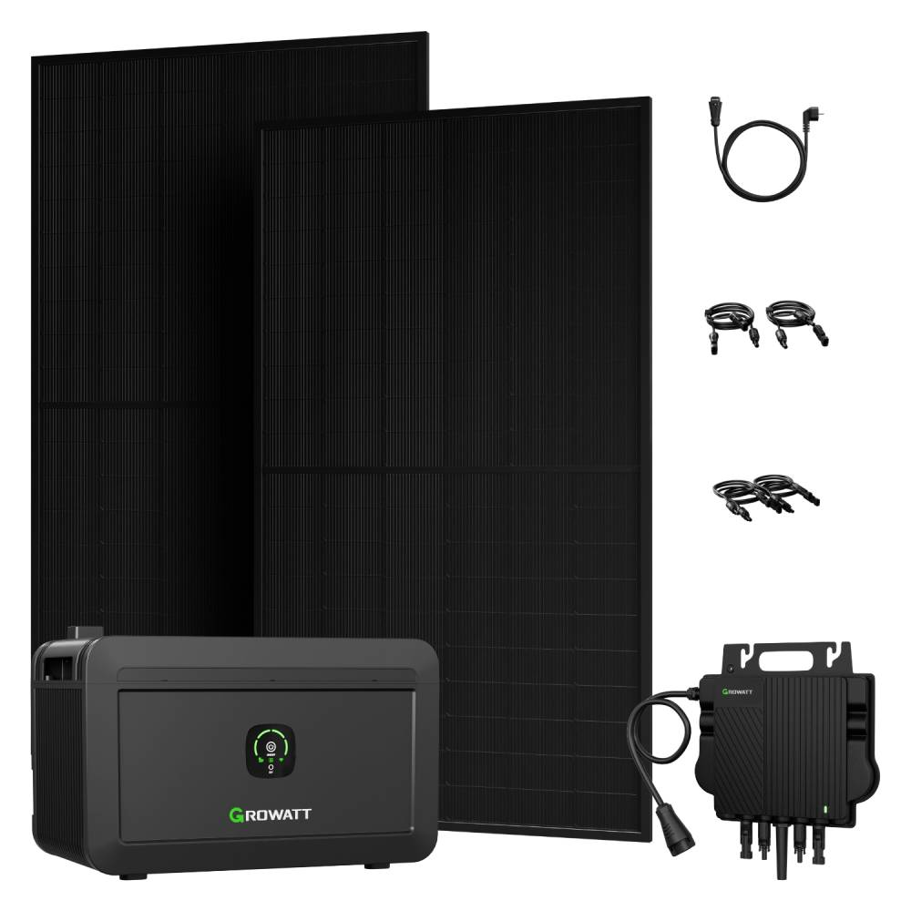 Zwei schwarze Solarmodule, ein Wechselrichter und Kabel.