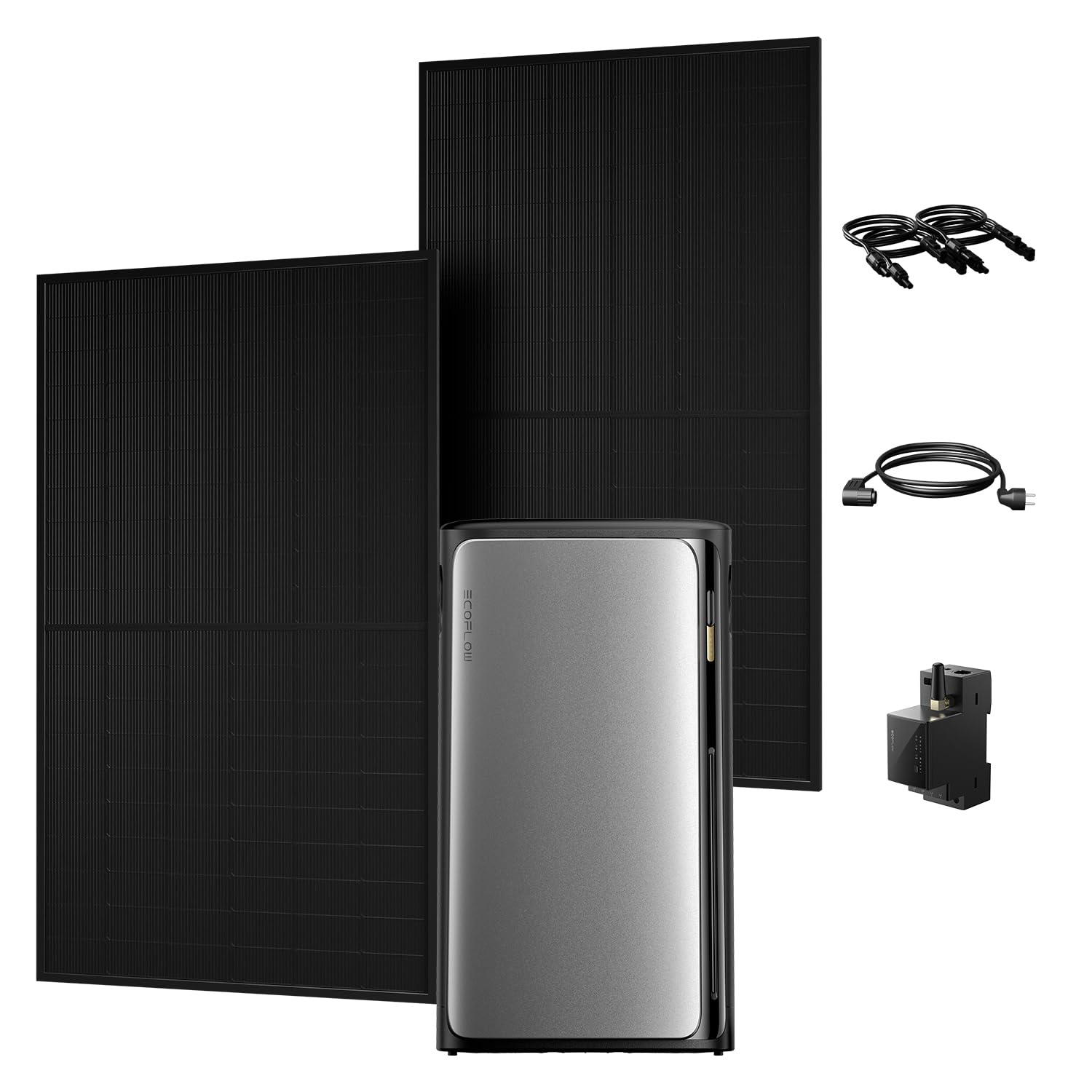 Zwei schwarze Solarmodule, ein silbernes Gerät und Kabel auf weißem Hintergrund.