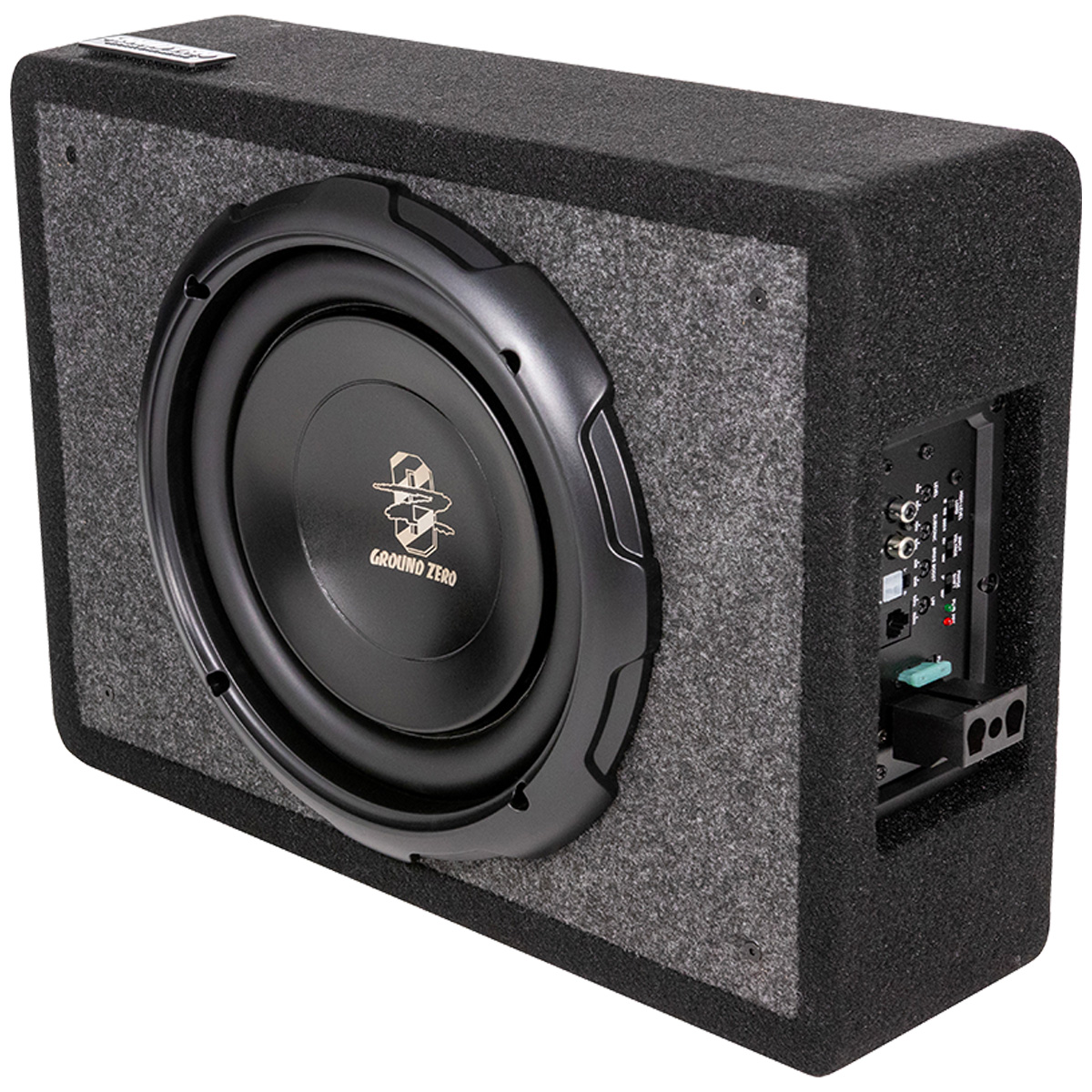 Schwarzer Subwoofer mit Stoffummantelung und Anschlusspanel.