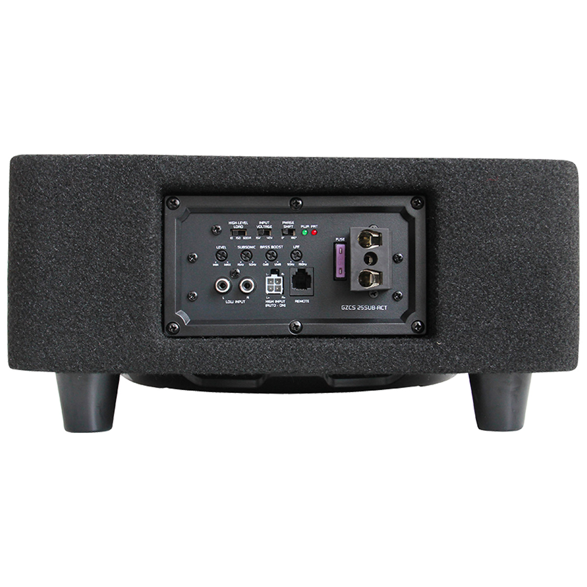 Rückseite eines schwarzen Subwoofers mit Anschlüssen, Beschriftungen und Füßen.