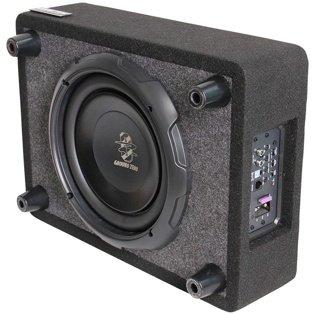 Schwarzer Subwoofer mit Ground Zero Logo, seitlichen Anschlüssen und Gummifüßen.