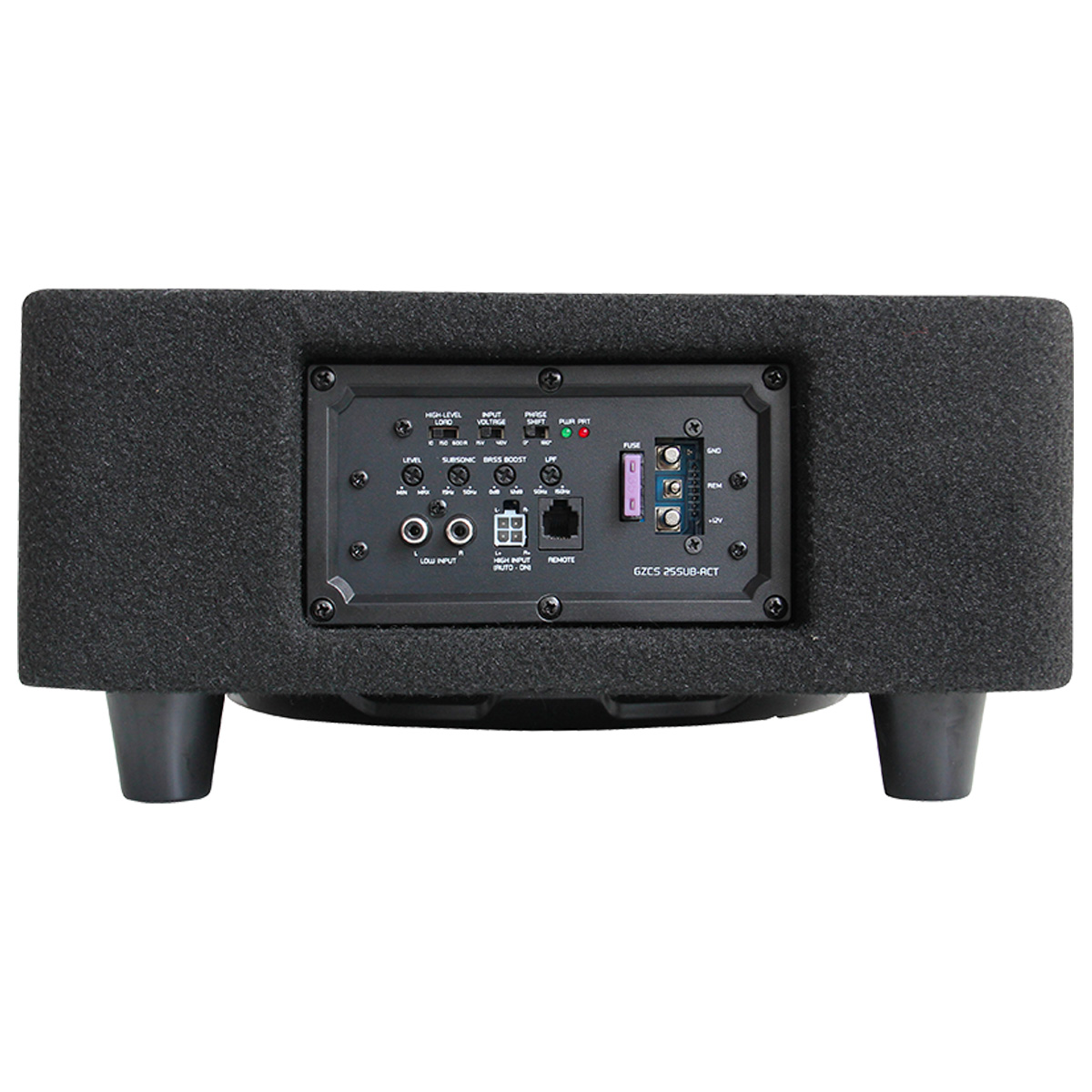 Rückseite eines schwarzen Subwoofers mit Anschlüssen.