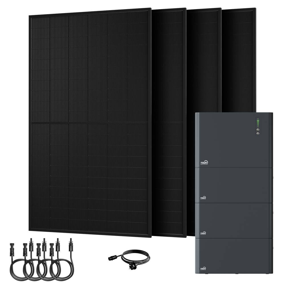 Vier schwarze Solarmodule und eine dunkelgraue Batteriespeichereinheit mit Kabeln.